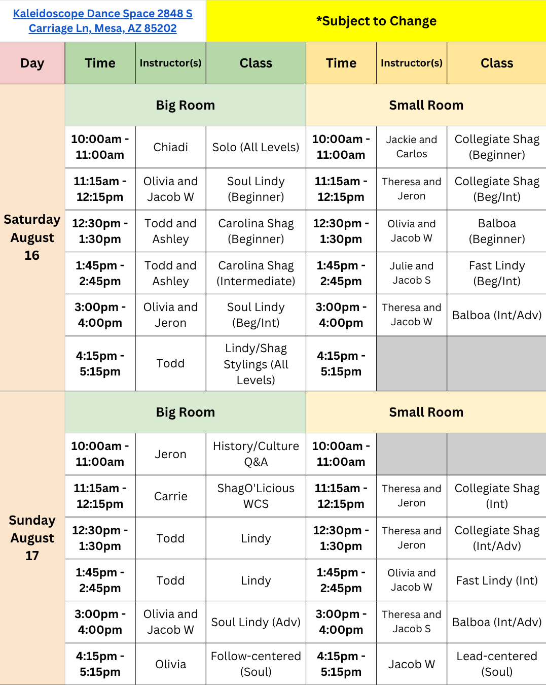 Summer Swing Fest Schedule